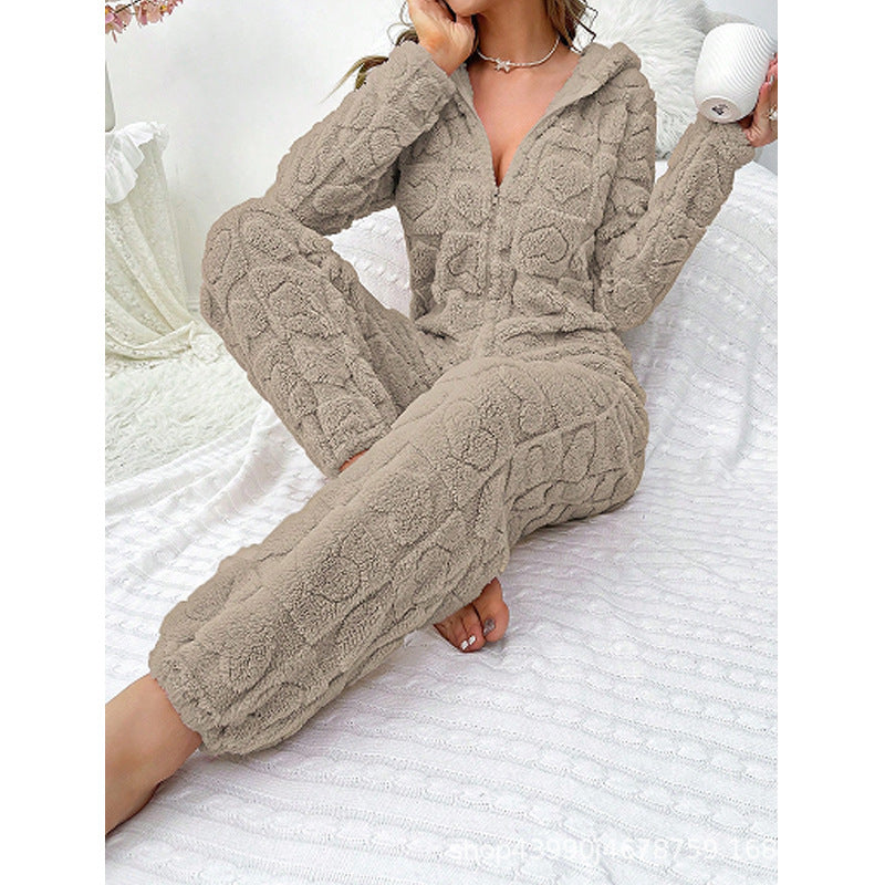 Warmer Damen-Jumpsuit mit Kapuze – Kuscheliger Homewear Overall für kalte Tage