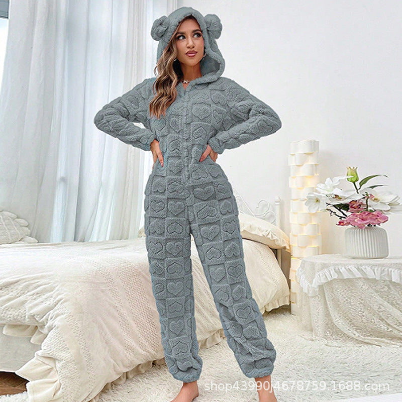 Warmer Damen-Jumpsuit mit Kapuze – Kuscheliger Homewear Overall für kalte Tage