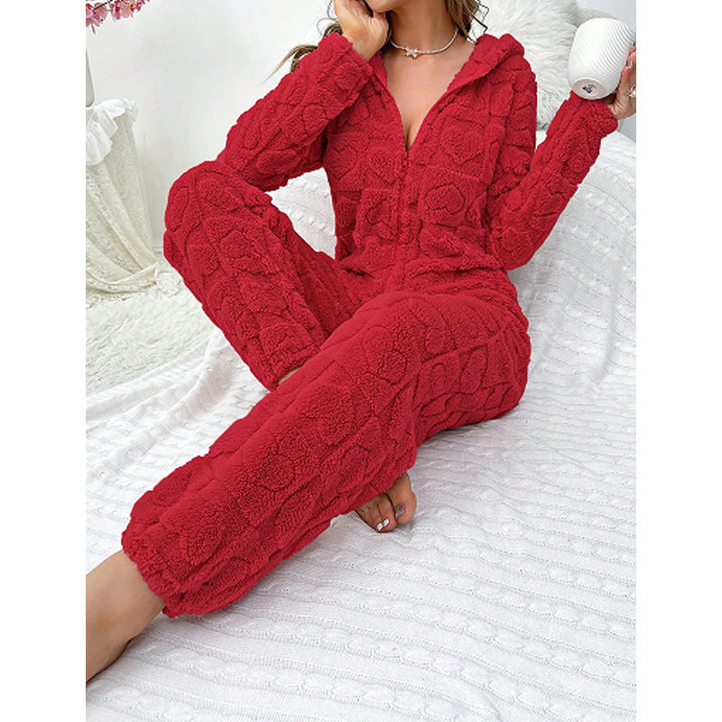 Warmer Damen-Jumpsuit mit Kapuze – Kuscheliger Homewear Overall für kalte Tage