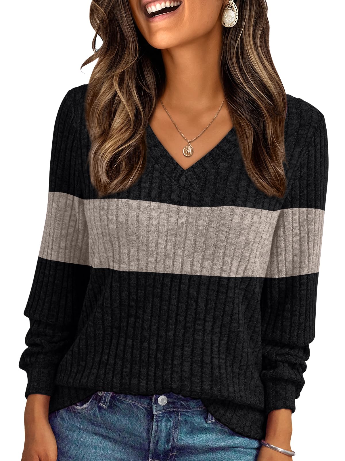 Damen Langarmshirt mit V-Ausschnitt – Lässiges Herbst Oberteil