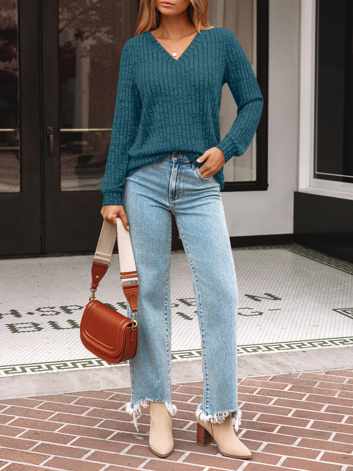 Damen Langarmshirt mit V-Ausschnitt – Lässiges Herbst Oberteil