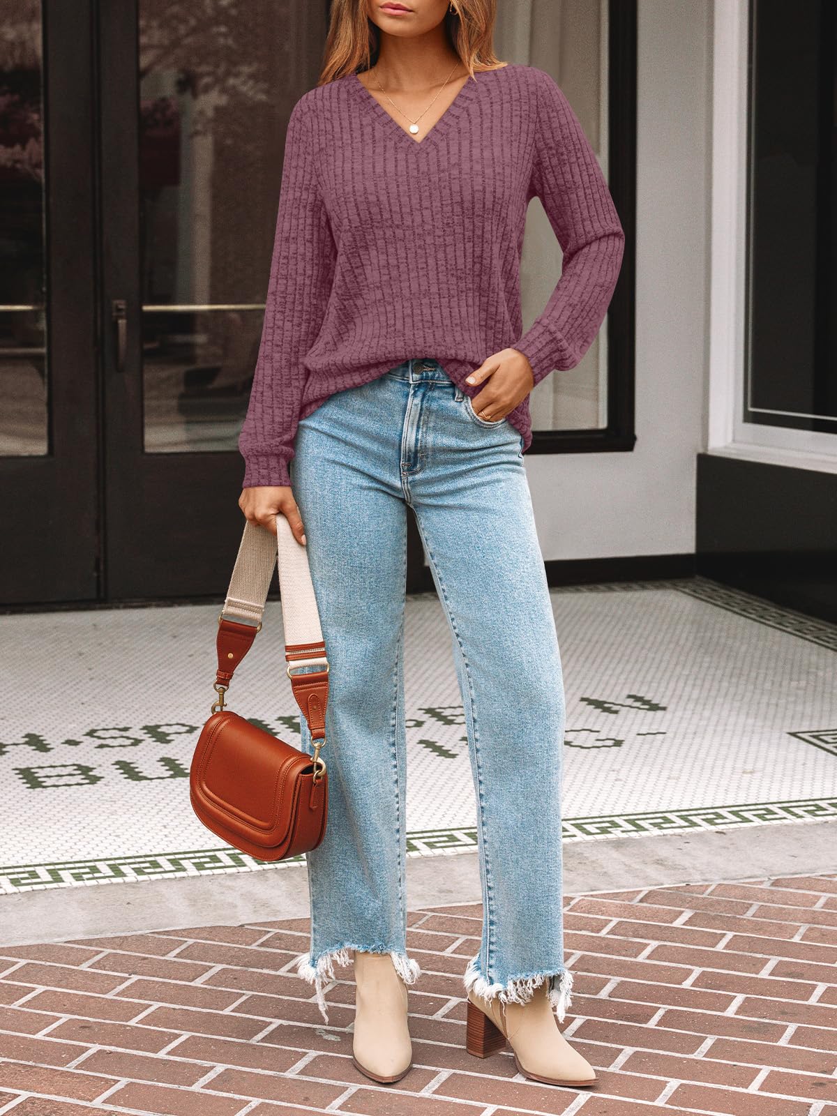 Damen Langarmshirt mit V-Ausschnitt – Lässiges Herbst Oberteil