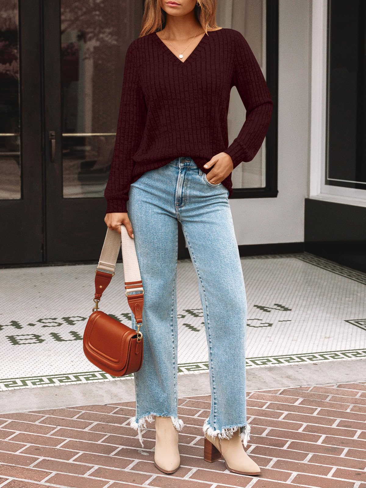 Damen Langarmshirt mit V-Ausschnitt – Lässiges Herbst Oberteil