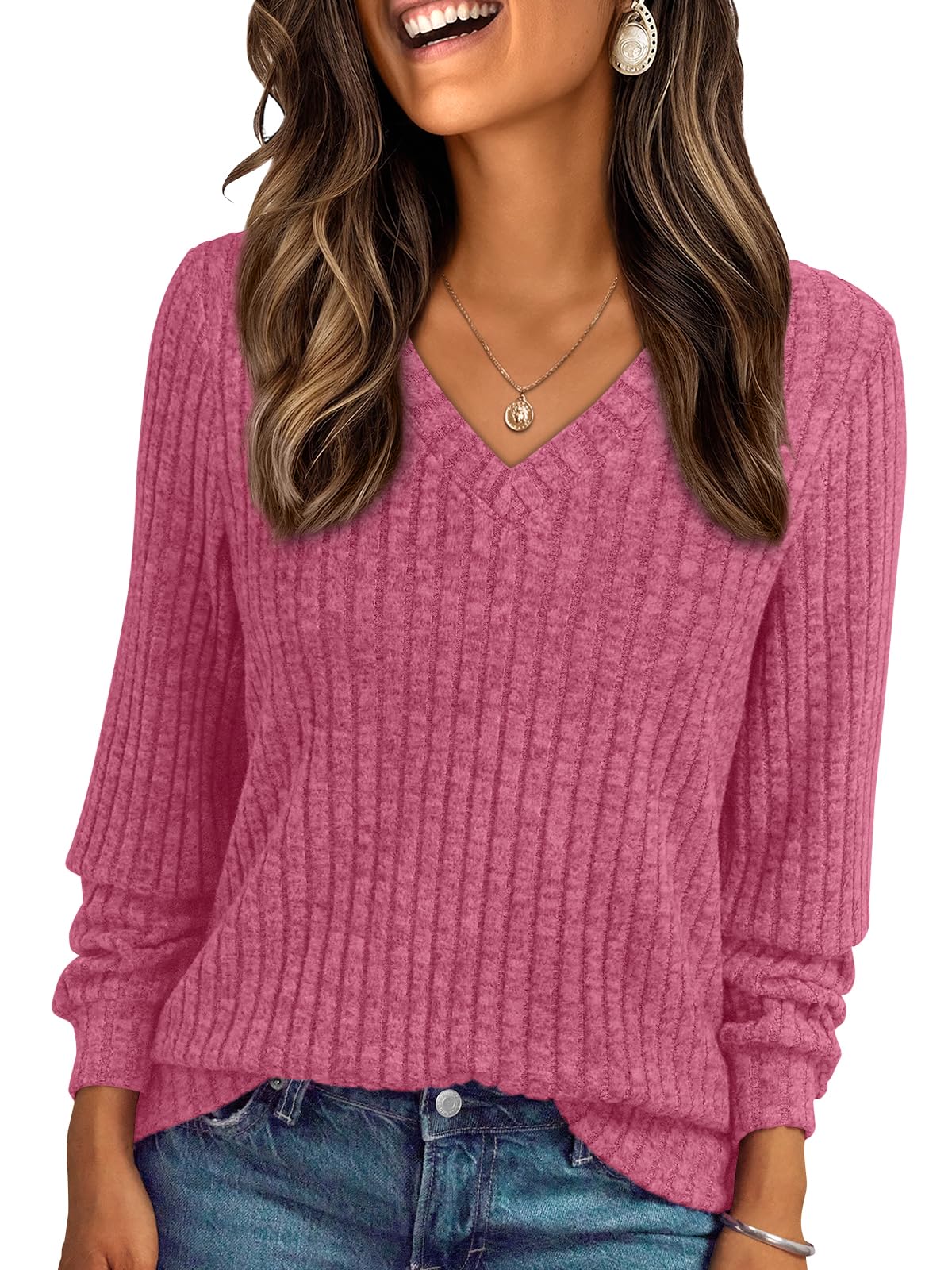 Damen Langarmshirt mit V-Ausschnitt – Lässiges Herbst Oberteil