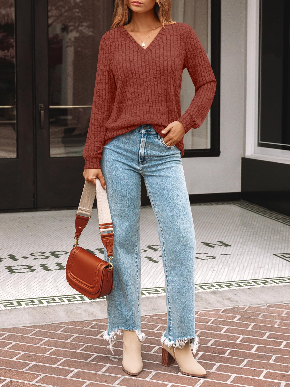 Damen Langarmshirt mit V-Ausschnitt – Lässiges Herbst Oberteil