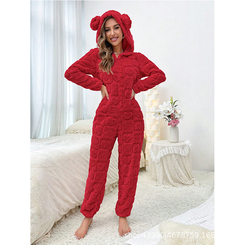 Warmer Damen-Jumpsuit mit Kapuze – Kuscheliger Homewear Overall für kalte Tage