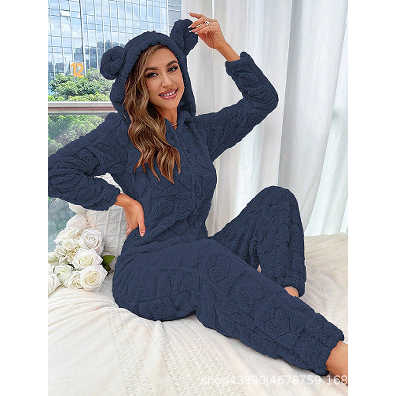 Warmer Damen-Jumpsuit mit Kapuze – Kuscheliger Homewear Overall für kalte Tage