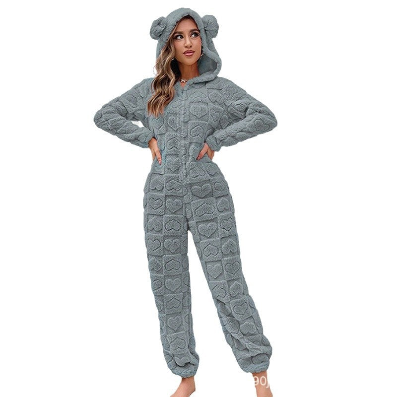 Warmer Damen-Jumpsuit mit Kapuze – Kuscheliger Homewear Overall für kalte Tage