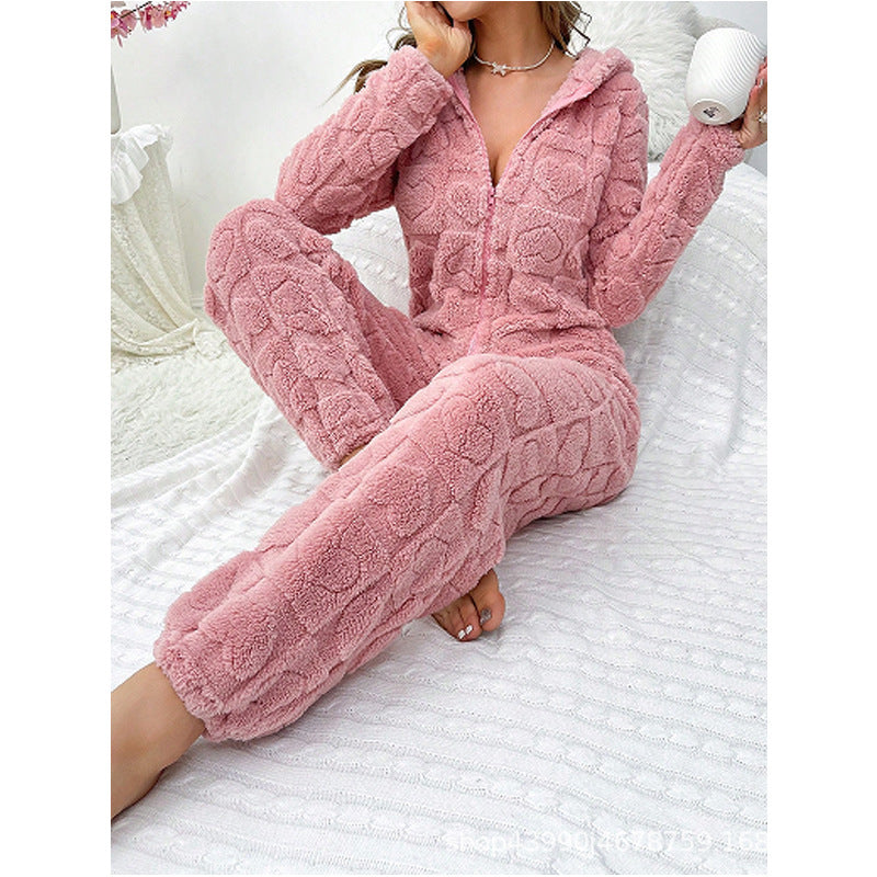 Warmer Damen-Jumpsuit mit Kapuze – Kuscheliger Homewear Overall für kalte Tage